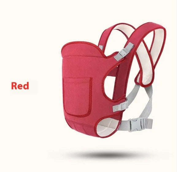 Red baby carrier with gray straps