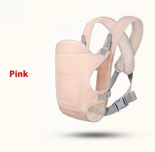 Pink baby carrier with gray straps