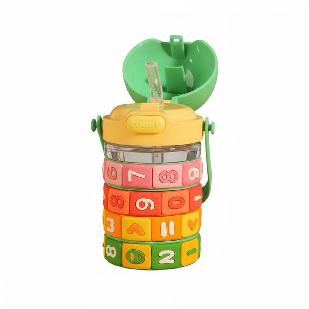 Children's colorful educational tumbler with straw flip lid and rainbow number rings